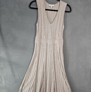 Gilli Womens Medium Sweater Maxi Dress Beige Vneck Pleated Fit Flare Sleeveless